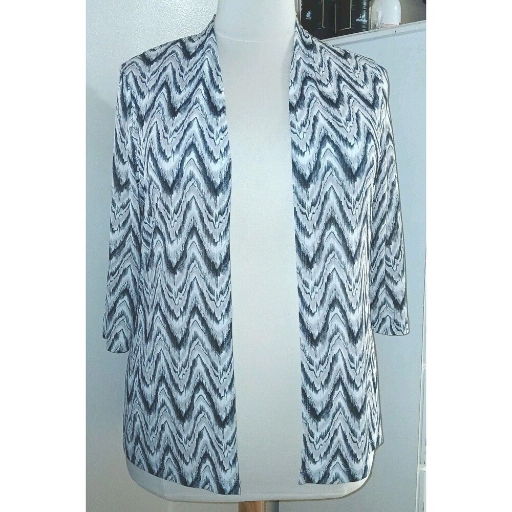 Chicos Womens 2/L Black Beige Print 3/4 Sleeves Stretch Open Front Cardigan Top